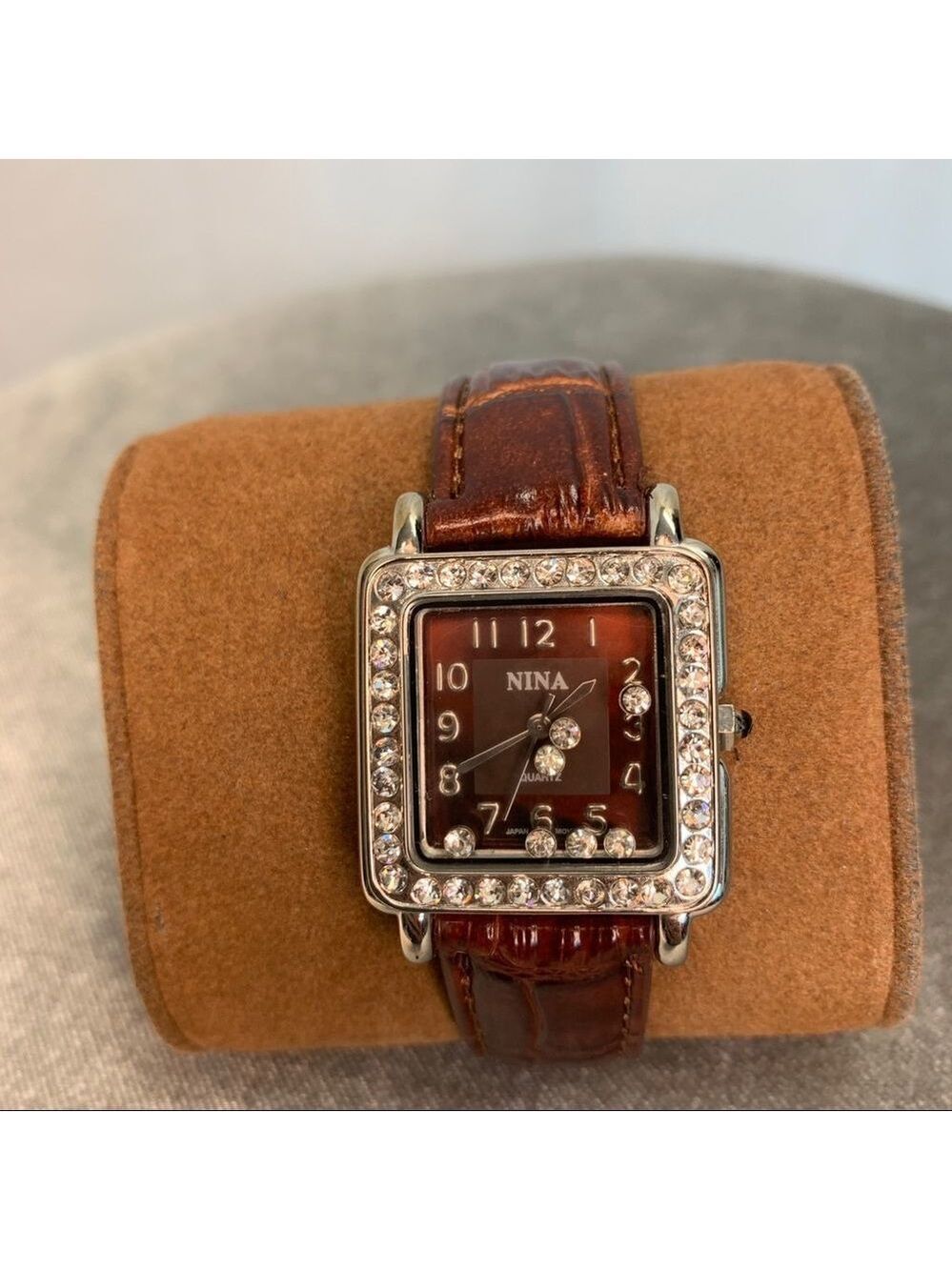 Nina Burgundy brown square cubic zirconia crystal rhinestone trim watch